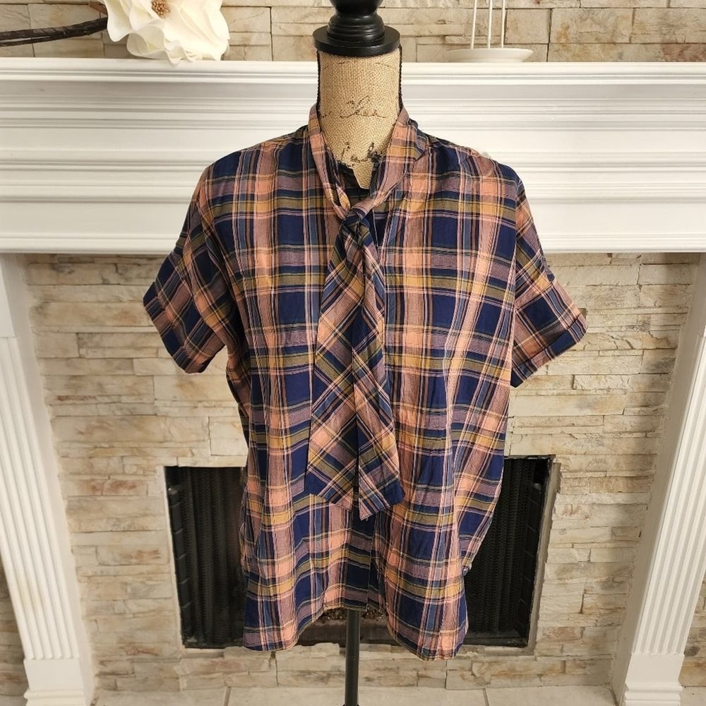 MADEWELL blue and orange plaid‎ tied neck button down shirt size XS